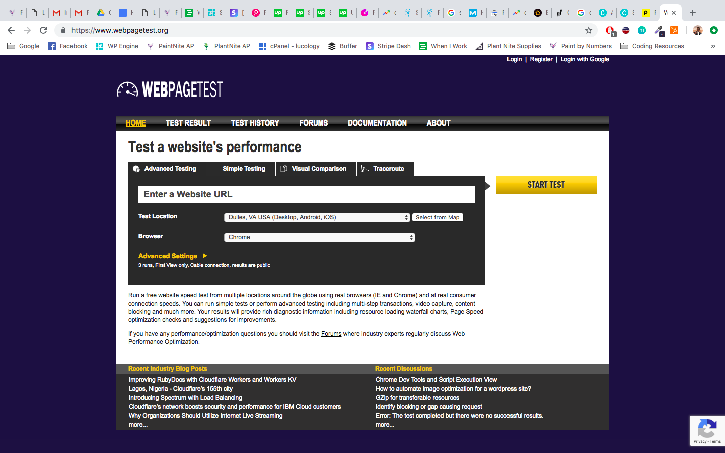 Screenshot of Webpagetest.org, a tool used by developers to increase site performance.