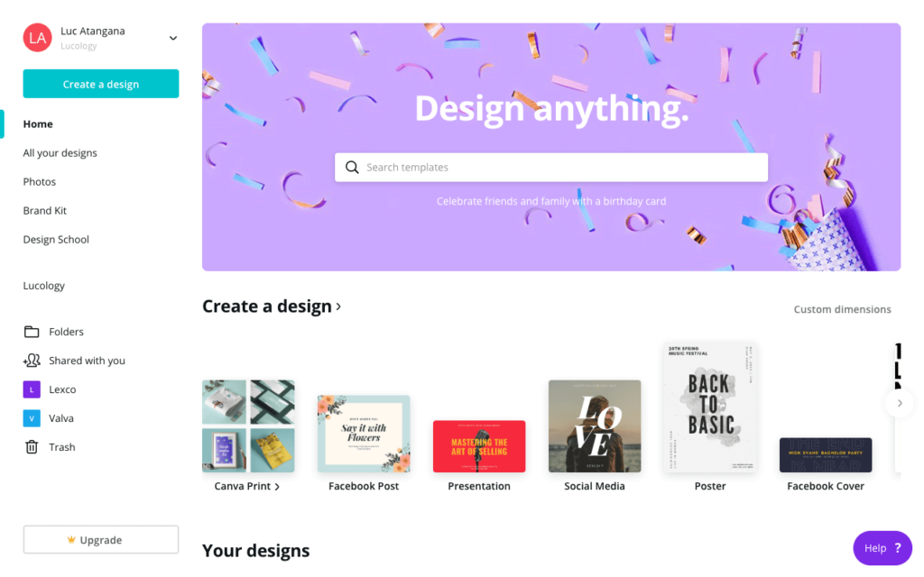 Screenshot of Canva website, a website that can help you get started creating your brand.