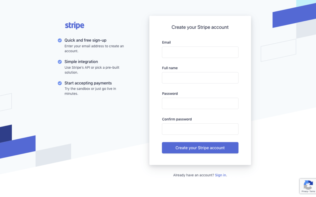 Screenshot of the Stripe Signup page. Stripe is a company that helps businesses every accept payments online.