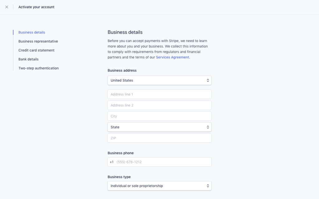 Screenshot of the Stripe account activation page.