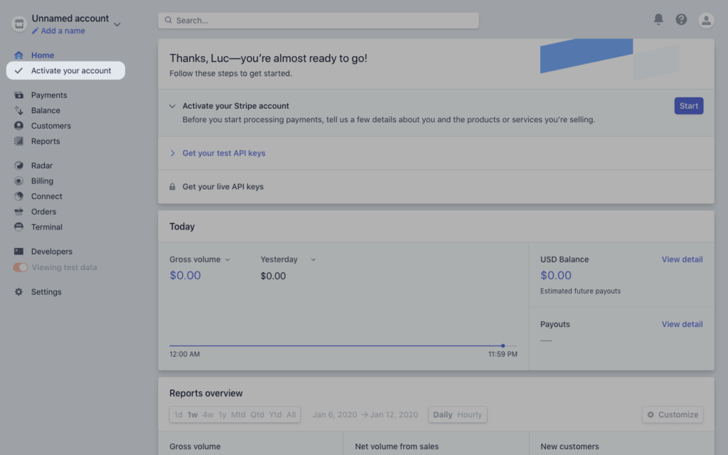Screenshot of the Stripe Dashboard. This screenshot shows the link to click to activate a customer's Stripe account so they can accept payments online.